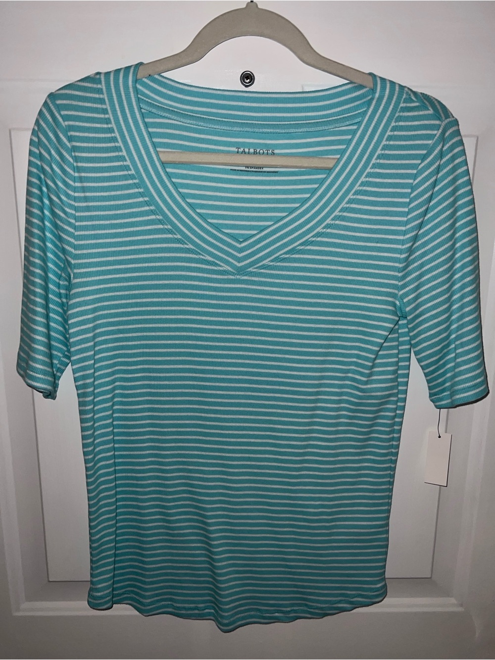 Talbots NWT Aqua and White Striped V-Neck Short Sleeve Tee Sz M
